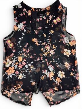 Lumiere Sheer Floral Sleeveless Blouse Black V Neck‎ Hi Low Top Size S